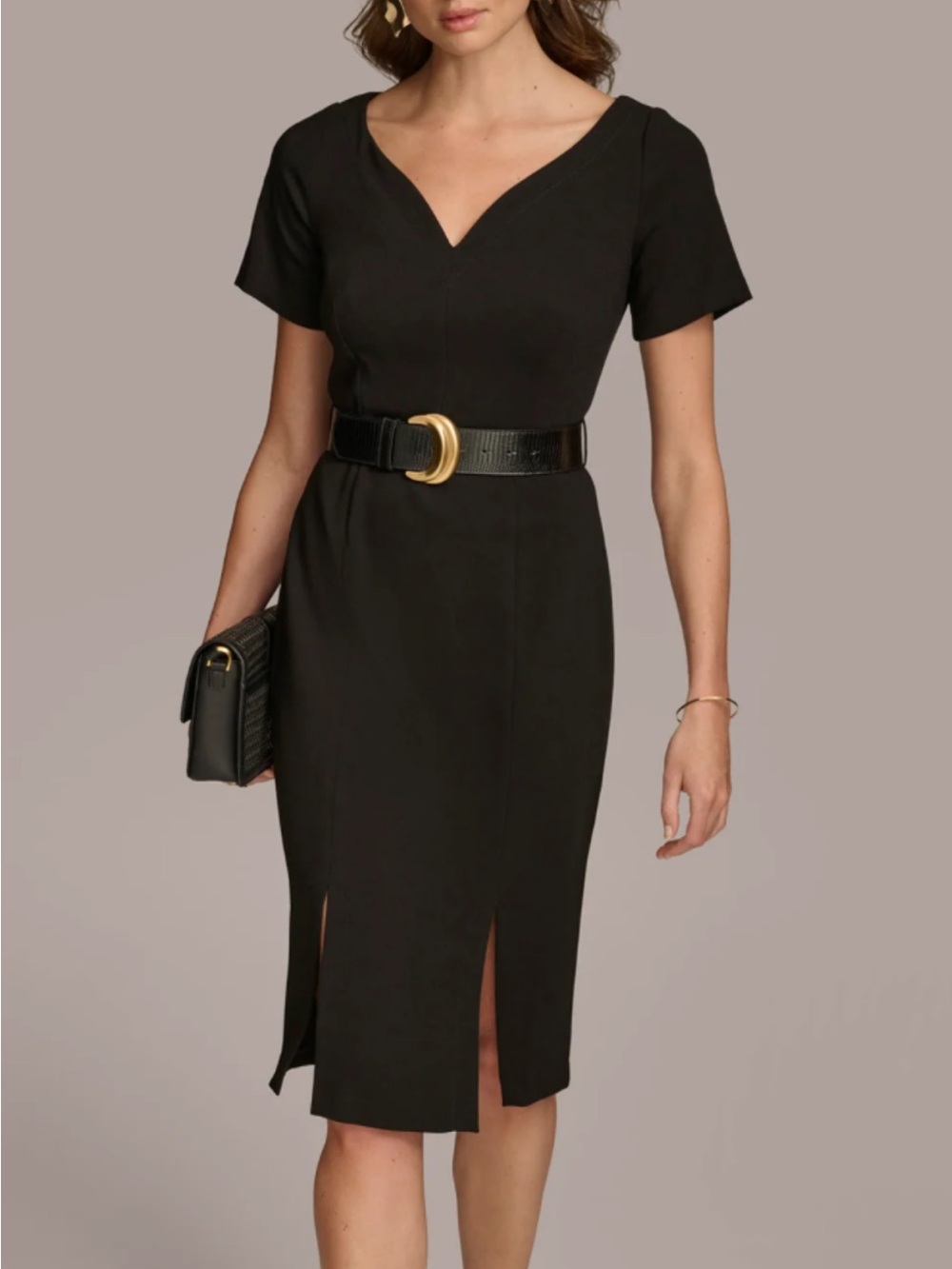 Donna Karan Black Midi Dress with Gold Buckle Detail